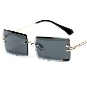 Rimless Gold Black Rectangular Mens Sunglasses